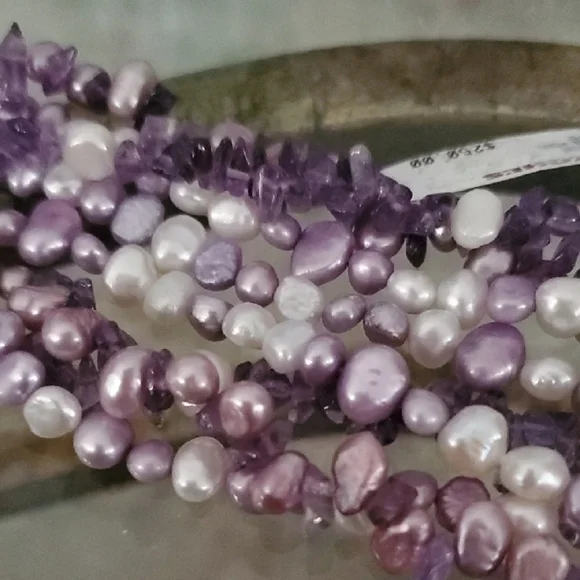 14K Purple White Freshwater Pearls + Amethyst Beaded Necklace and Bracelet Set